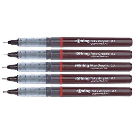 Rotring | Tikky | Graphic Fineliner | Black Pigment Lightfast | 5 Pen Set | 0.1, 0.2, 0.3, 0.5, 0.8mm