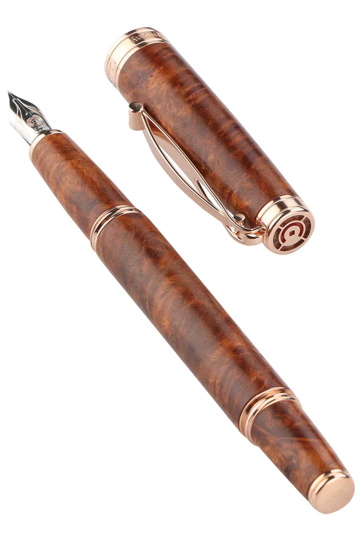 Cleo Skribent | Natura | Fountain Ink Pen with Ink Pot | 18K Gold Bicolour Nib | Amboyna Burl Body of Hardwood | Rose Gold-Plated Trims