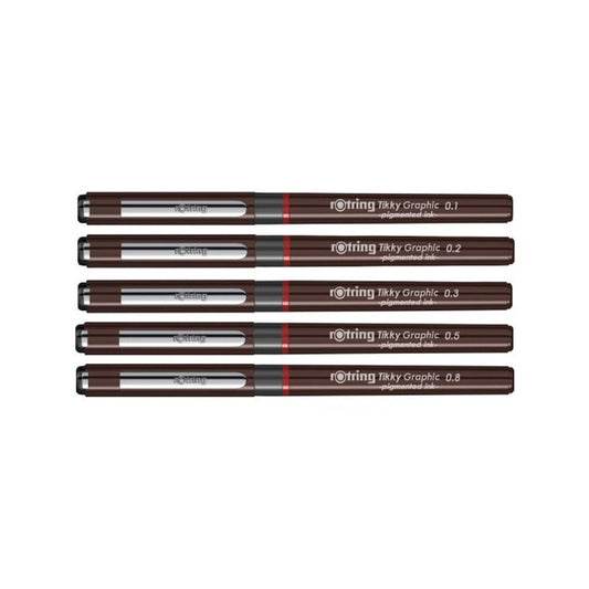 Rotring | Tikky | Graphic Fineliner | Black Pigment Lightfast | 5 Pen Set | 0.1, 0.2, 0.3, 0.5, 0.8mm