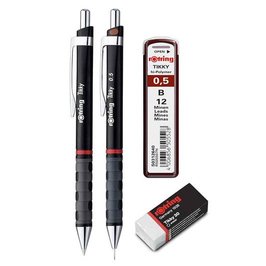Rotring | Tikky | Mechanical Pencil, Ballpoint, Eraser & Lead Refills Set | HB Lead, 0.5 mm Pencil | Medium Point Pen | Black Barrel | Lightweight with Rubberised Grip