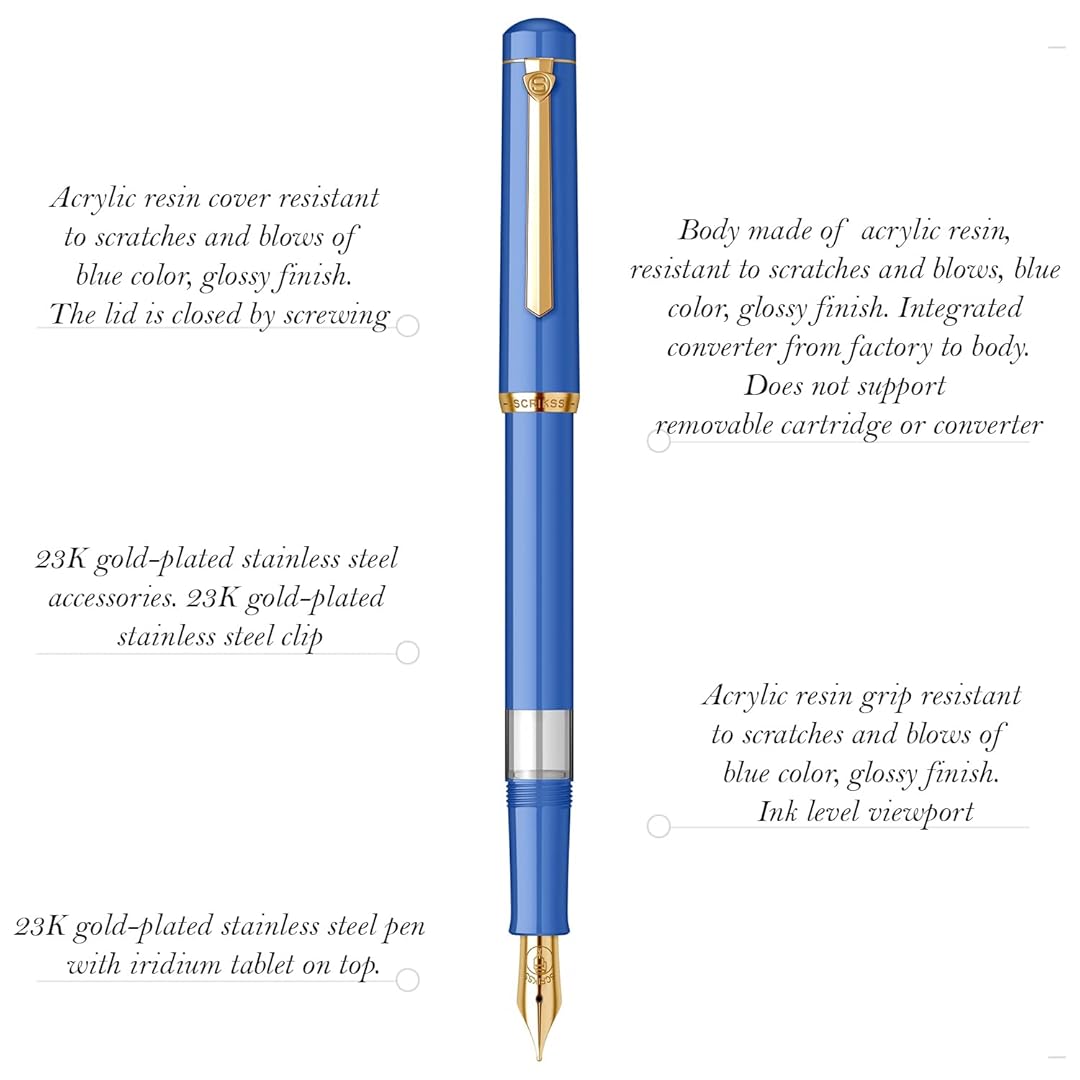 Scrikss | 419 Series | Piston Filler | Fountain Pen | 23K Gold Plated | Medium | Blue Acrylic