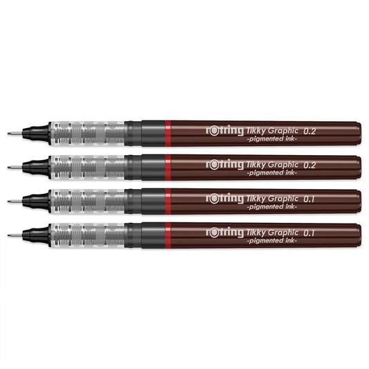 Rotring Tikky Graphic Pigment Liner 0.1mm & 0.2mm Pens - 2 Each With Black Pigmented Ink, Fibre Tip, 4 Pen Set for Art Drawings Mandala Calligraphy Outline Art & Craft