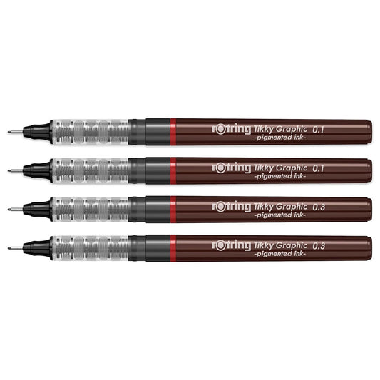 Rotring Tikky Graphic Pigment Liner 0.1mm & 0.3mm Pens - 2 Each With Black Pigmented Ink, Fibre Tip, 4 Pen Set for Art Drawings Mandala Calligraphy Outline Art & Craft