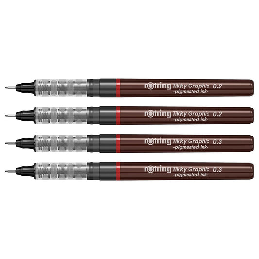 Rotring Tikky Graphic Pigment Liner 0.2mm & 0.3mm Pens - 2 Each With Black Pigmented Ink, Fibre Tip, 4 Pen Set for Art Drawings Mandala Calligraphy Outline Art & Craft