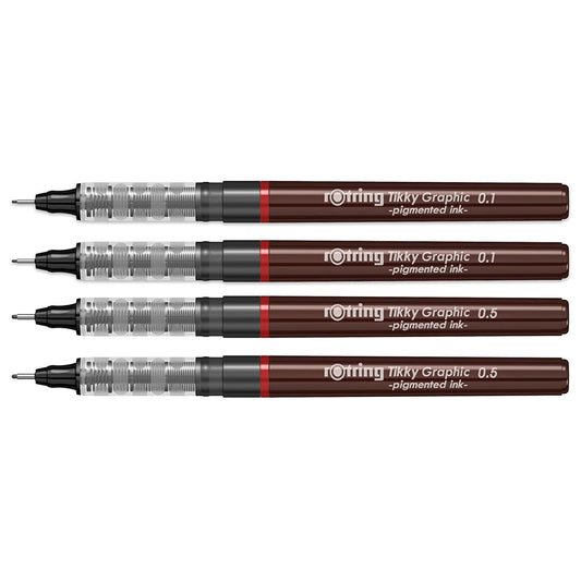 Rotring Tikky Graphic Pigment Liner 0.1mm & 0.5mm Pens - 2 Each With Black Pigmented Ink, Fibre Tip, 4 Pen Set for Art Drawings Mandala Calligraphy Outline Art & Craft