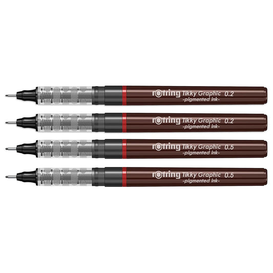 Rotring Tikky Graphic Pigment Liner 0.2mm & 0.5mm Pens - 2 Each With Black Pigmented Ink, Fibre Tip, 4 Pen Set for Art Drawings Mandala Calligraphy Outline Art & Craft