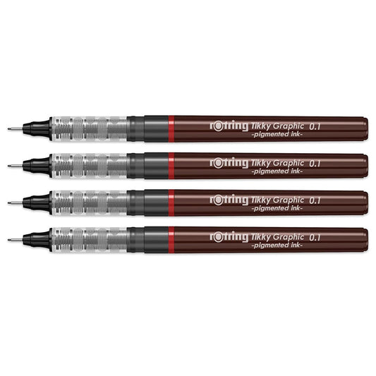 Rotring 0.1mm Line Thickness Tikky Graphic Fineliner with Black Pigmented Lightfast And Water Resistant Ink For Long Life Drawings, Sketching, Non-Refillable, 4 Pen Set