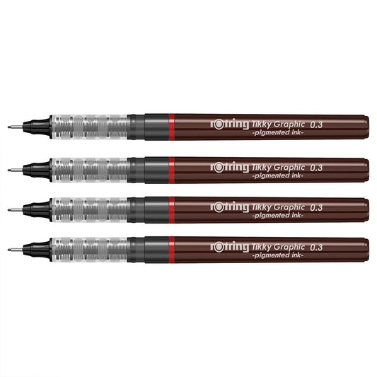 Rotring 0.3mm Line Thickness Tikky Graphic Fineliner with Black Pigmented Lightfast And Water Resistant Ink For Long Life Drawings, Sketching, Non-Refillable, 4 Pen Set