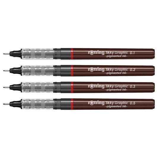Rotring 0.5mm Line Thickness Tikky Graphic Fineliner with Black Pigmented Lightfast And Water Resistant Ink For Long Life Drawings, Sketching, Non-Refillable, 4 Pen Set