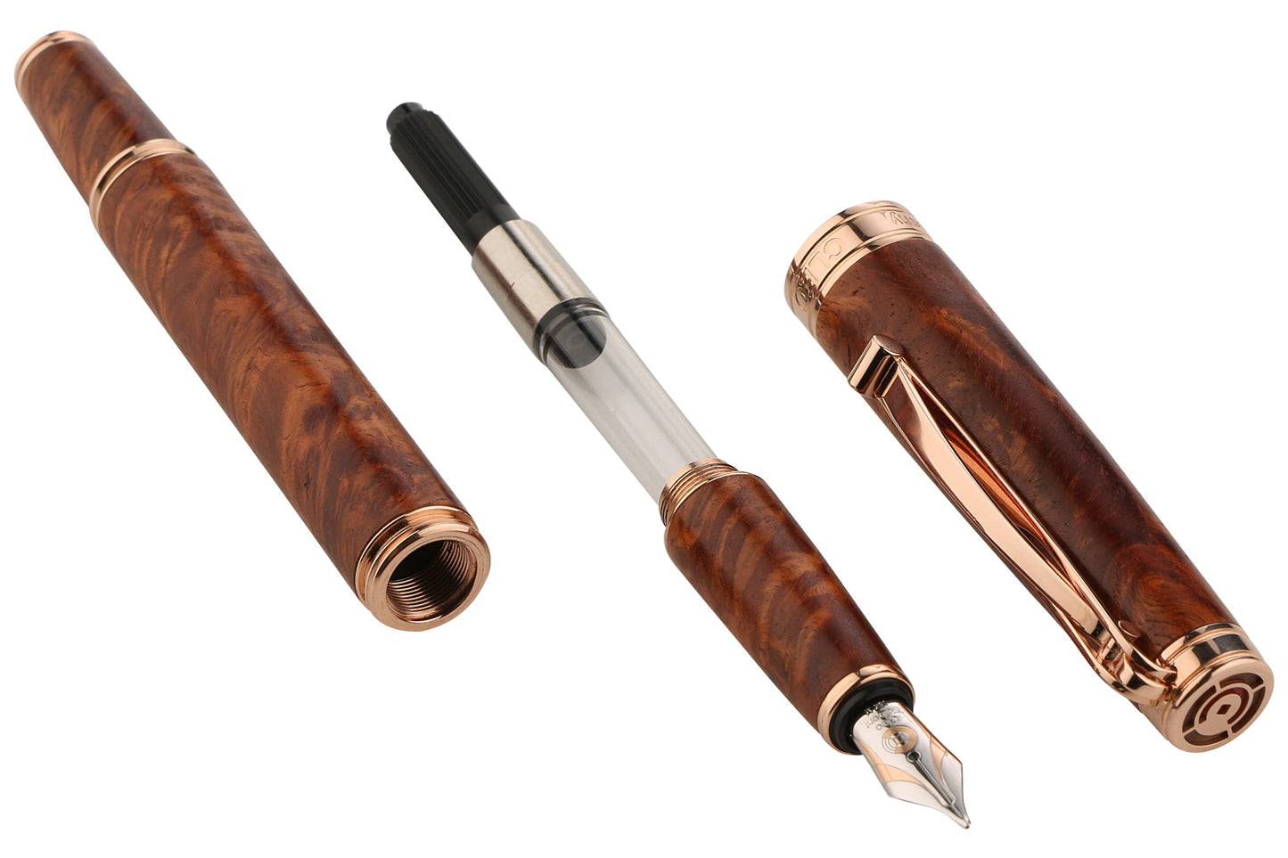 Cleo Skribent | Natura | Fountain Ink Pen with Ink Pot | 18K Gold Bicolour Nib | Amboyna Burl Body of Hardwood | Rose Gold-Plated Trims