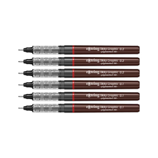 Rotring | Tikky | Graphic Fineliner | Black Pigment Lightfast | 0.1, 0.2 | 6 Pen Set | 3 Each