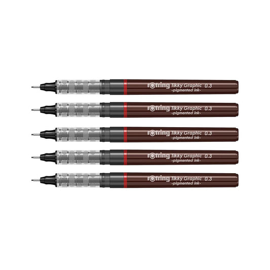 Rotring | Tikky | Graphic Fineliner | Black Pigment Lightfast | 0.3mm | 5 Pen Set