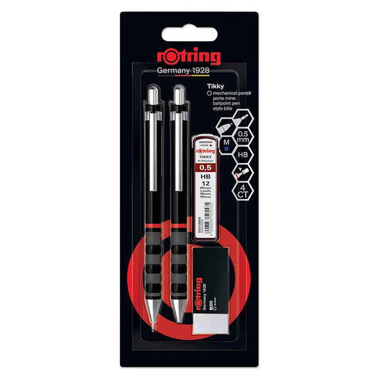 Rotring | Tikky | Mechanical Pencil, Ballpoint, Eraser & Lead Refills Set | HB Lead, 0.5 mm Pencil | Medium Point Pen | Black Barrel | Lightweight with Rubberised Grip