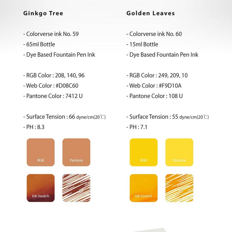 Colorverse | Earth Edition | Ginkgo Tree Light Brown | Golden Leaves Yellow | Fountain Pen Ink | 65ml and 15ml | 2 Bottle Set