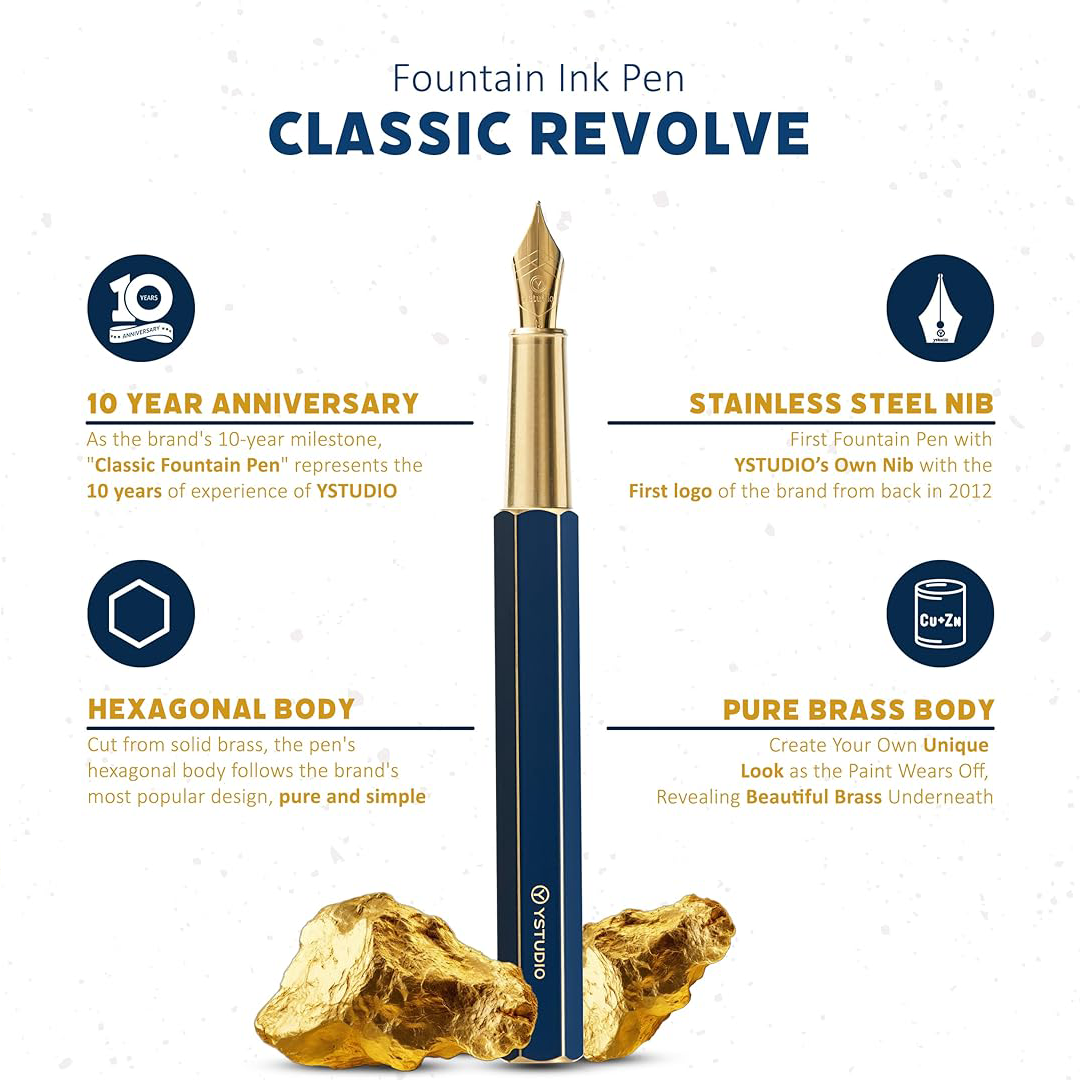 Ystudio Classic Revolve Fountain Pen - Blue Hexogon | Medium Nib